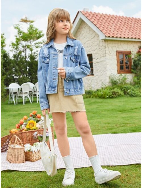 SHEIN Kids EVRYDAY Tween Girl Ripped Frayed Drop Shoulder Denim Jacket