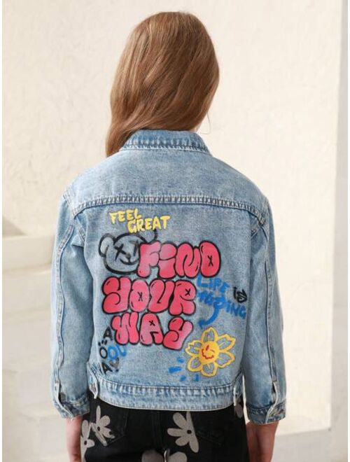 Shein Tween Girl Slogan & Cartoon Graphic Denim Jacket