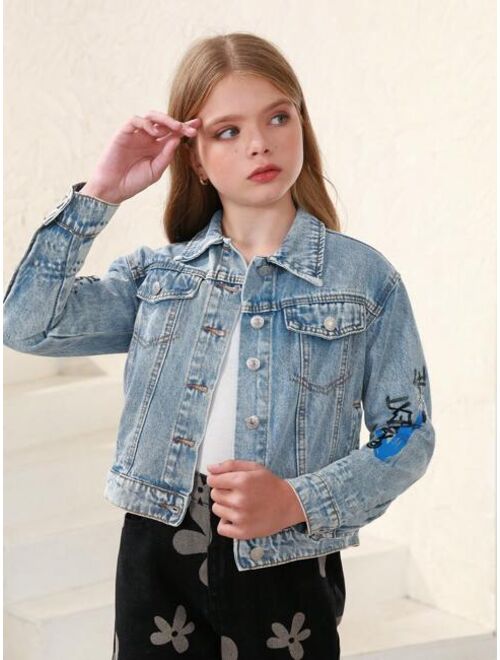 Shein Tween Girl Slogan & Cartoon Graphic Denim Jacket