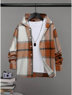 SHEIN Kids EVRYDAY Tween Boy Plaid Print Hooded Shirt Without Tee