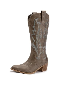 Athlefit Women's Embroidered Western Cowboy Boots Fashion Pointed Toe Chunky Heel Mid Calf Cowgirl Boots