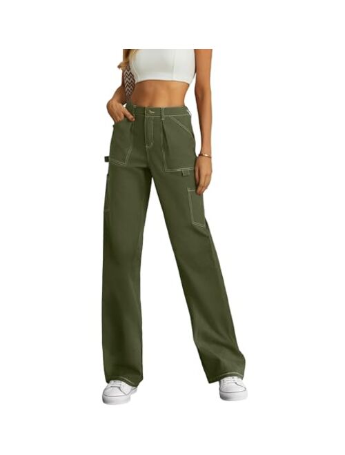 Lepunuo Cargo Pants Women High Waisted Wide Leg Casual Pants Baggy Stretchy Trousers Y2K Streetwear with 6 Pockets