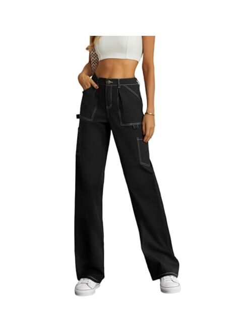 Lepunuo Cargo Pants Women High Waisted Wide Leg Casual Pants Baggy Stretchy Trousers Y2K Streetwear with 6 Pockets