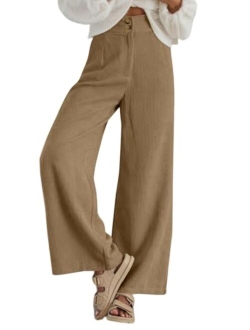 Sidefeel Corduroy Pants for Women 2023 Casual High Waisted Double Buttoned Stretchy Loose Fit Wide Leg Pants with Pockets