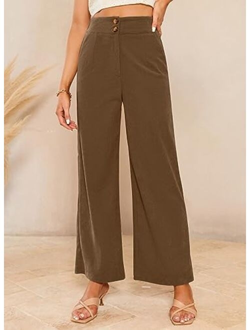 Sidefeel Corduroy Pants for Women 2023 Casual High Waisted Double Buttoned Stretchy Loose Fit Wide Leg Pants with Pockets