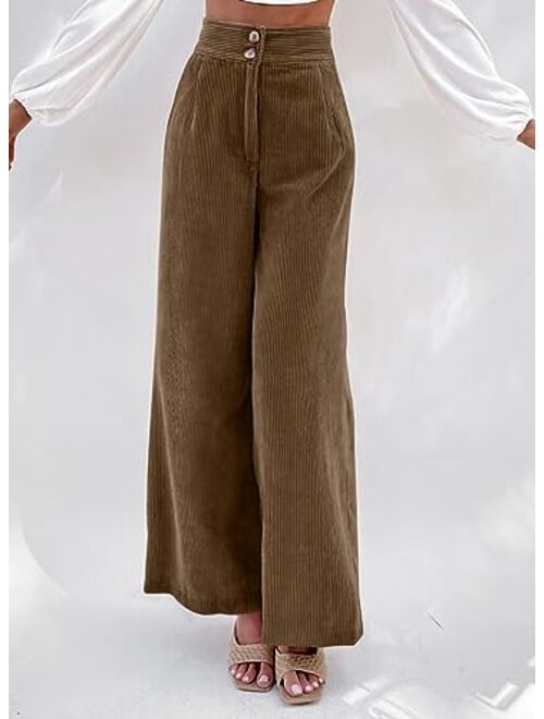 Sidefeel Corduroy Pants for Women 2023 Casual High Waisted Double Buttoned Stretchy Loose Fit Wide Leg Pants with Pockets