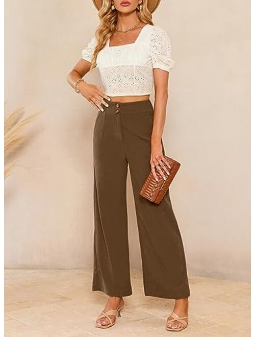 Sidefeel Corduroy Pants for Women 2023 Casual High Waisted Double Buttoned Stretchy Loose Fit Wide Leg Pants with Pockets