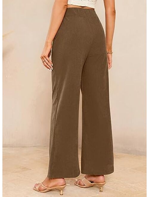 Sidefeel Corduroy Pants for Women 2023 Casual High Waisted Double Buttoned Stretchy Loose Fit Wide Leg Pants with Pockets