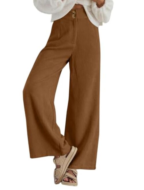 Sidefeel Corduroy Pants for Women 2023 Casual High Waisted Double Buttoned Stretchy Loose Fit Wide Leg Pants with Pockets