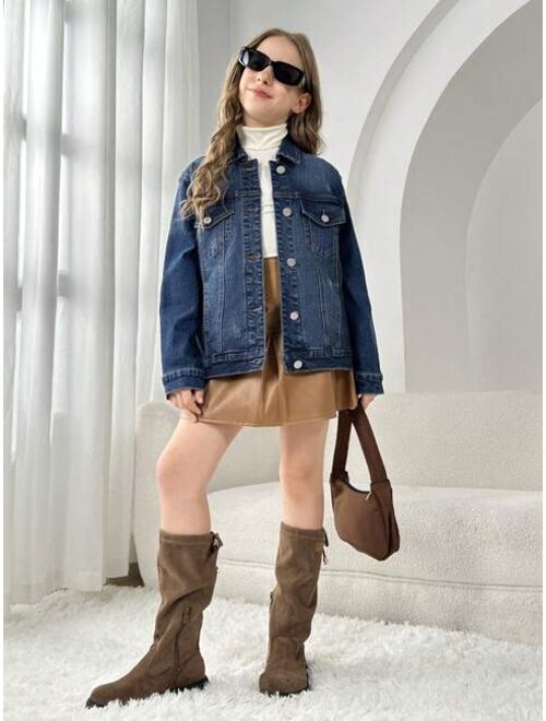 Shein Tween Girl Flap Pocket Denim Jacket