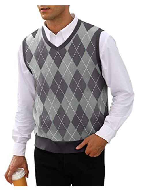 MNCEGEER Mens Argyle Knitwear Vest V Neck Sleeveless Casual Slim Fit Pullover Knitted Sweater