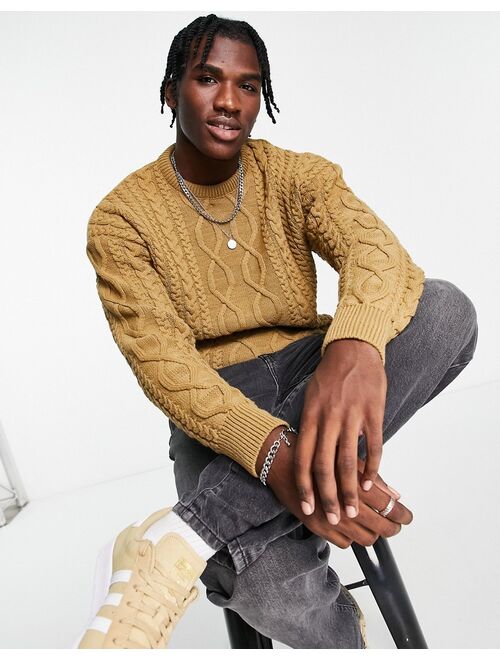 New Look relaxed fit cable crew neck sweater in camel