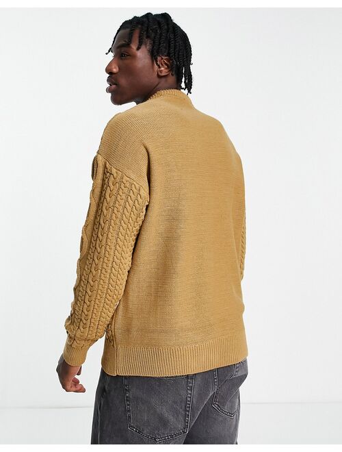 New Look relaxed fit cable crew neck sweater in camel