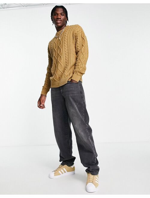 New Look relaxed fit cable crew neck sweater in camel