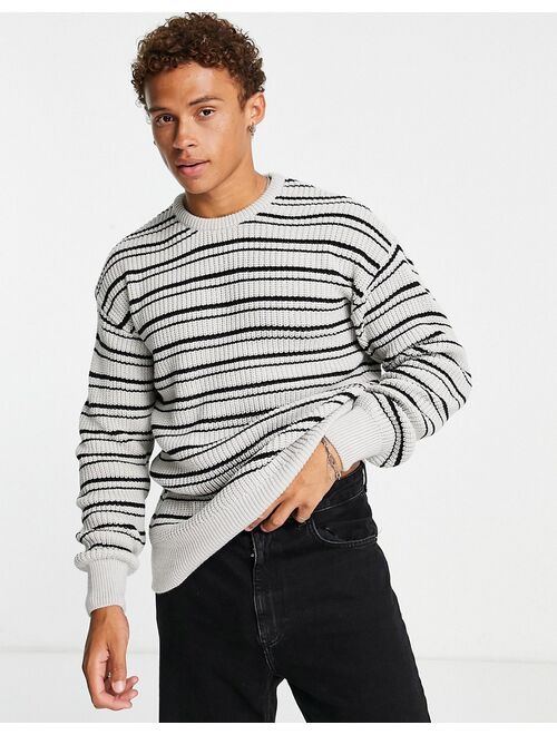 New Look relaxed fit fisherman stripe sweater in light gray