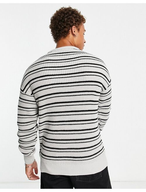 New Look relaxed fit fisherman stripe sweater in light gray