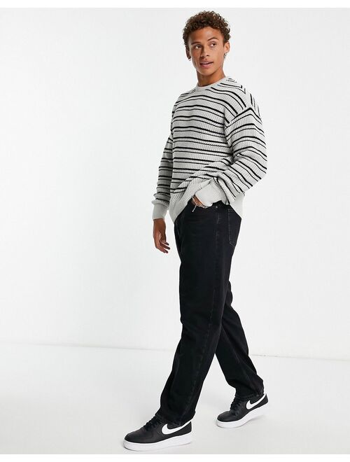 New Look relaxed fit fisherman stripe sweater in light gray