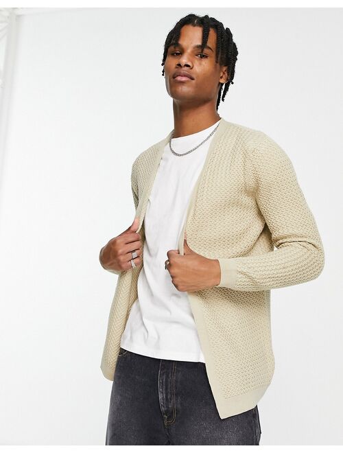 ASOS DESIGN muscle fit textured knit cardigan in oatmeal