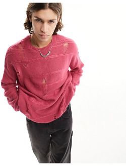 knit sweater with distressed ladder detail in pink