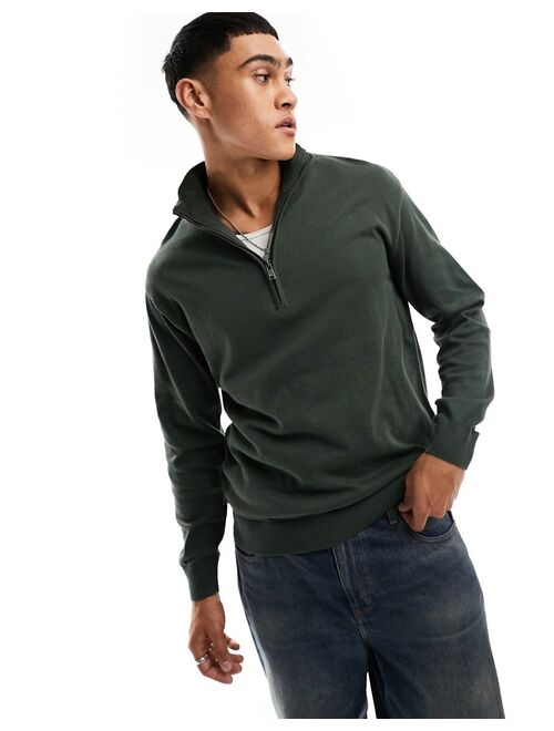 Pull&Bear knit 1/4 zip sweater in khaki