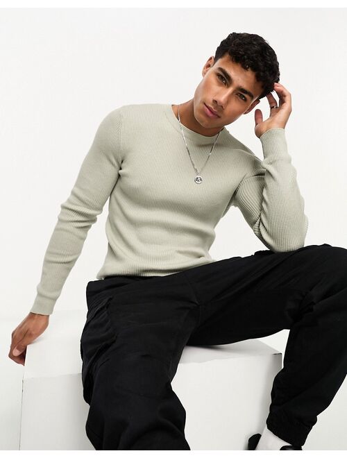 ASOS DESIGN muscle fit knit essential ribbed sweater in light gray