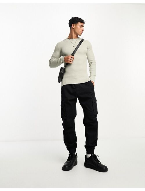 ASOS DESIGN muscle fit knit essential ribbed sweater in light gray