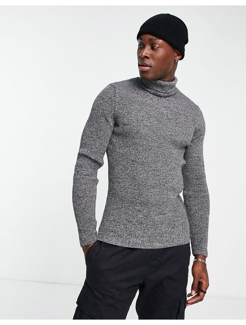 New Look ribbed muscle fit roll neck sweater in dark gray