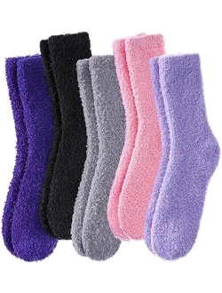 FNOVCO Womens Fuzzy Socks Cozy Soft Fleece Fluffy Warm Slipper Socks Winter Plush Crew Socks for Women 6 or 5 Pairs