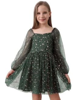 KIDS Girls Tulle Dress Sheer Mesh Puff Long Sleeve Star Overlay A Line Dress