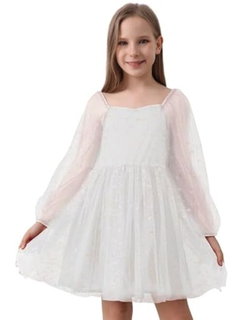 DOKOTOO KIDS Girls Tulle Dress Sheer Mesh Puff Long Sleeve Star Overlay A Line Dress