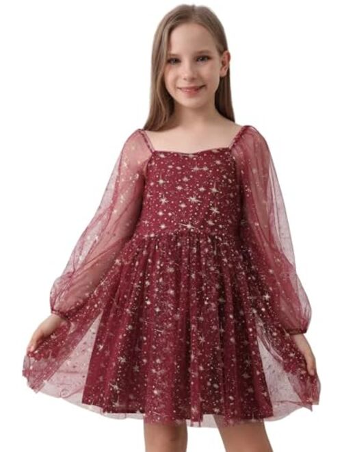 DOKOTOO KIDS Girls Tulle Dress Sheer Mesh Puff Long Sleeve Star Overlay A Line Dress