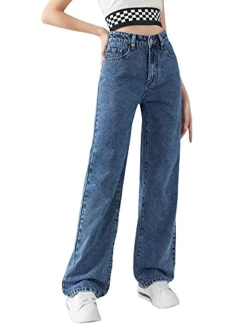 Girl's High Waisted Solid Straight Leg Jeans Casual Loose Denim Pants