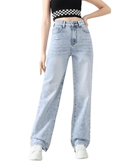 Girl's High Waisted Solid Straight Leg Jeans Casual Loose Denim Pants