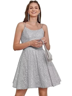 Teplpce Sequin Homecoming Dresses for Teens Sparkly Spaghetti Straps Backless Short Prom Dresses 2023