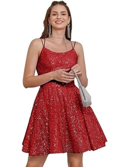 Teplpce Sequin Homecoming Dresses for Teens Sparkly Spaghetti Straps Backless Short Prom Dresses 2023