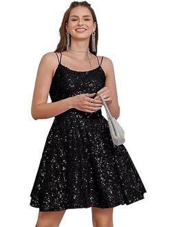 Teplpce Sequin Homecoming Dresses for Teens Sparkly Spaghetti Straps Backless Short Prom Dresses 2023