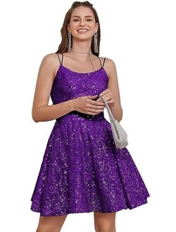 Teplpce Sequin Homecoming Dresses for Teens Sparkly Spaghetti Straps Backless Short Prom Dresses 2023