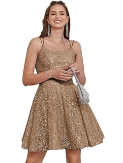 Teplpce Sequin Homecoming Dresses for Teens Sparkly Spaghetti Straps Backless Short Prom Dresses 2023