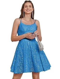 Teplpce Sequin Homecoming Dresses for Teens Sparkly Spaghetti Straps Backless Short Prom Dresses 2023