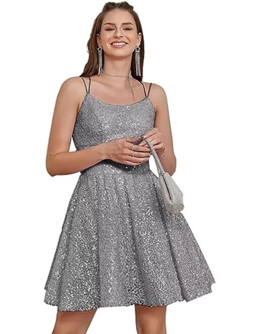 Teplpce Sequin Homecoming Dresses for Teens Sparkly Spaghetti Straps Backless Short Prom Dresses 2023