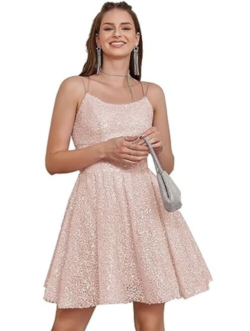 Teplpce Sequin Homecoming Dresses for Teens Sparkly Spaghetti Straps Backless Short Prom Dresses 2023