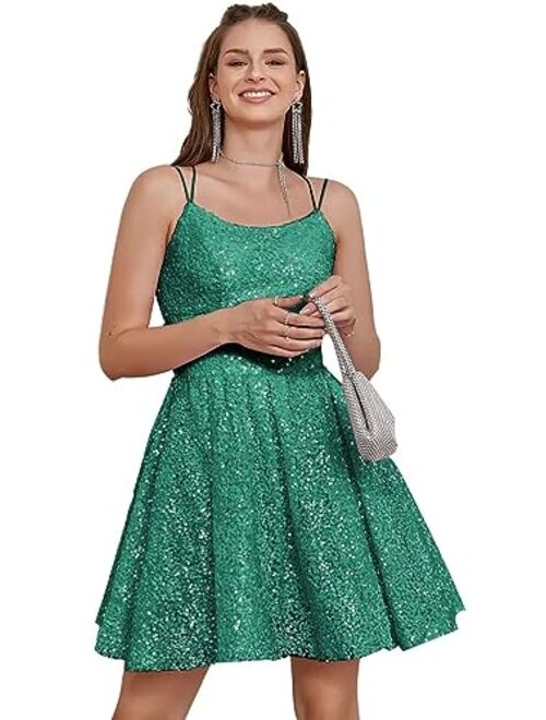 Teplpce Sequin Homecoming Dresses for Teens Sparkly Spaghetti Straps Backless Short Prom Dresses 2023