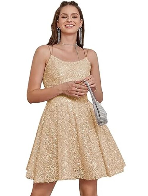 Teplpce Sequin Homecoming Dresses for Teens Sparkly Spaghetti Straps Backless Short Prom Dresses 2023