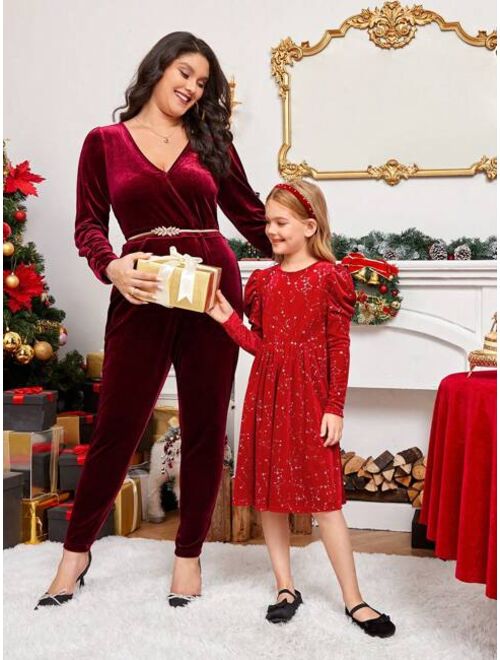 SHEIN Tween Girl 1pc Star Pattern Gigot Sleeve Velvet Dress for Christmas