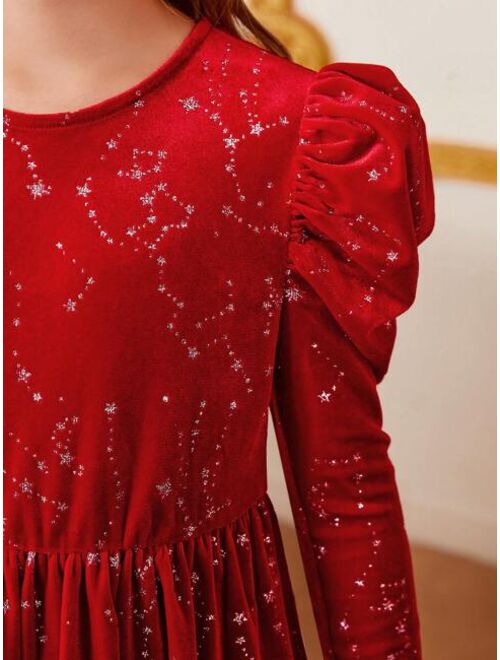 SHEIN Tween Girl 1pc Star Pattern Gigot Sleeve Velvet Dress for Christmas