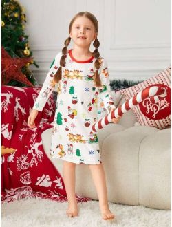 Young Girl 1pc Christmas Print Contrast Binding Nightdress