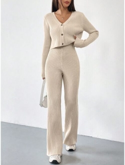 EZwear Ribbed Knit Cardigan & Knit Pants