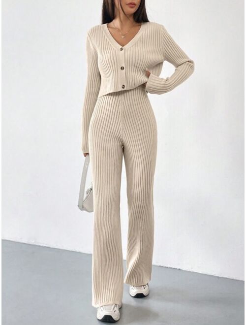 SHEIN EZwear Ribbed Knit Cardigan & Knit Pants