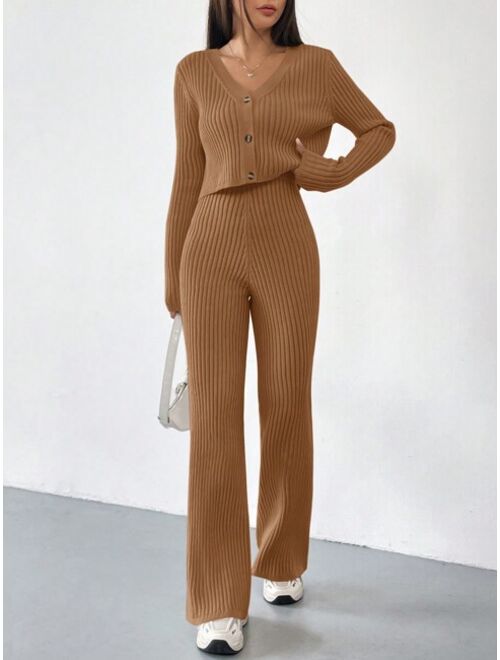 SHEIN EZwear Ribbed Knit Cardigan & Knit Pants