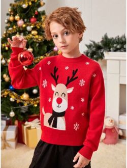 Tween Boy 1pc Christmas Elk Pattern Drop Shoulder Sweater